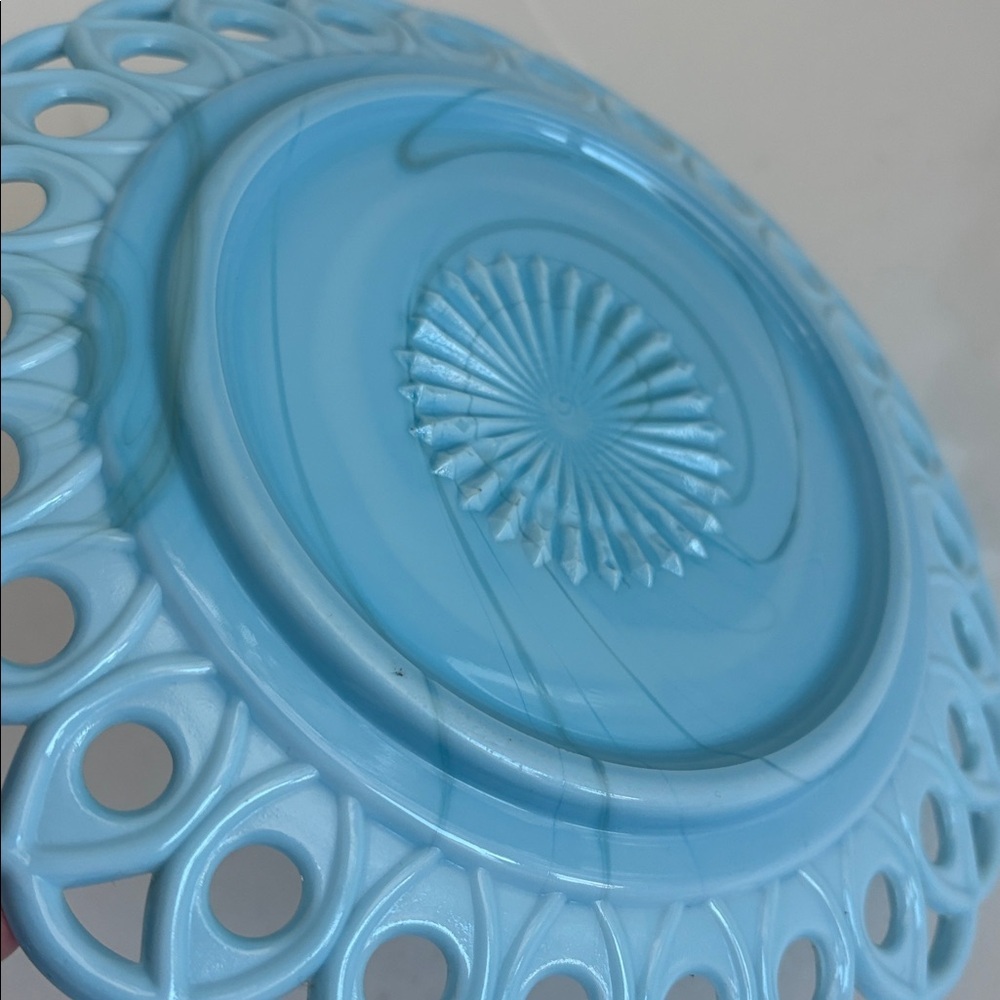 Challinor & Taylor blue milk glass slag glass 8” and 10” scroll and eye plates - Picture 11 of 14